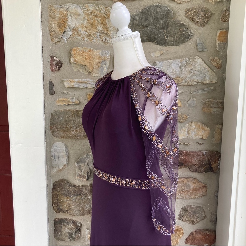 TERANI EVENING M1447 Embellished Beaded Jersey Sheer Sleeve Gown Womens 8 - Picture 7 of 16